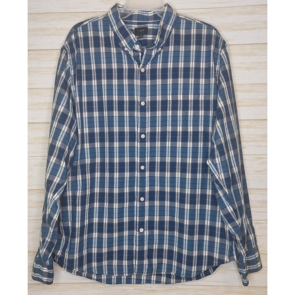 J. CREW Men's Cotton Shirt Blue/White Plaid Button Up Size XL
